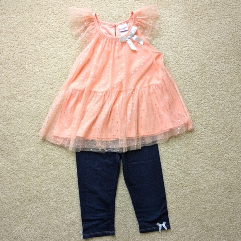Girls Peach Starry Tulle Top & Cropped Jeggings
